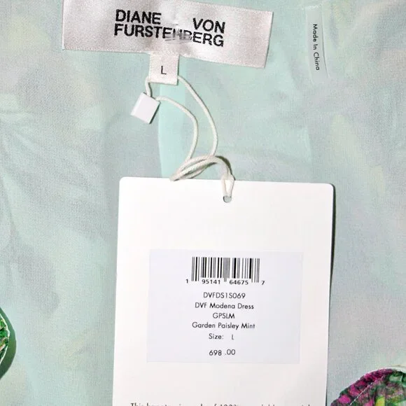 Diane von Furstenberg Modena Silk-Blend Dress in Garden Paisley Mint sz L $698